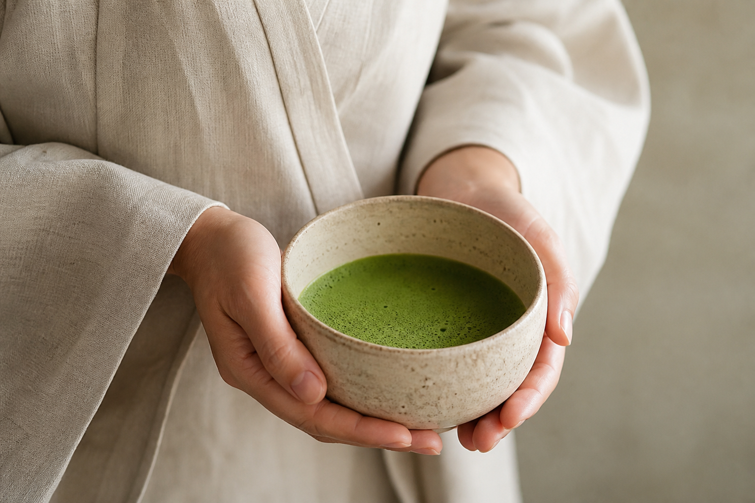 Hands gently holding a bowl of matcha