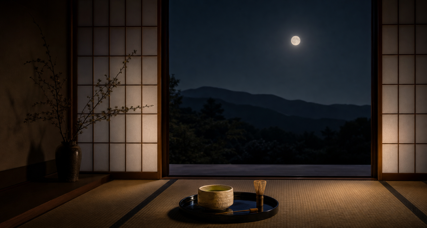 A quiet Japanese tea room under the full moon