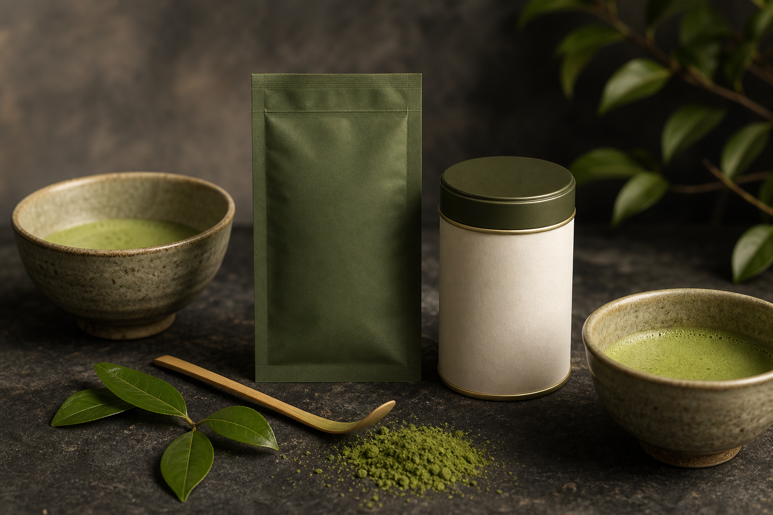 Matcha tea products with bowls and bamboo scoop