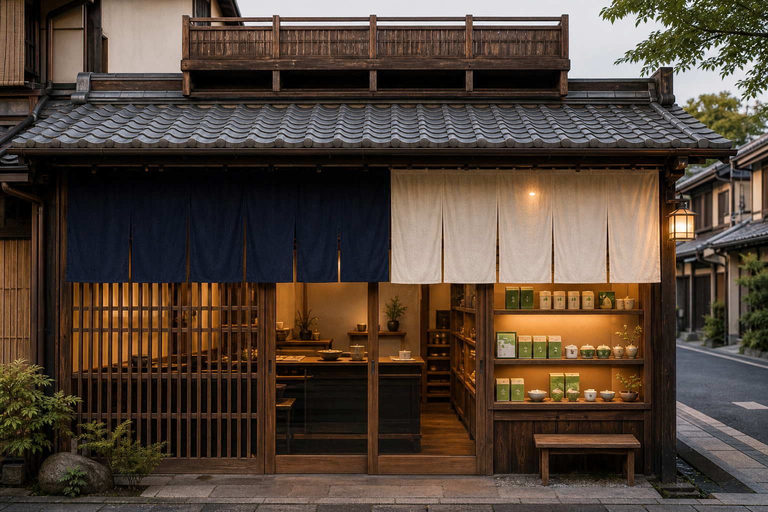 Traditional Japanese tea house with warm wooden storefront