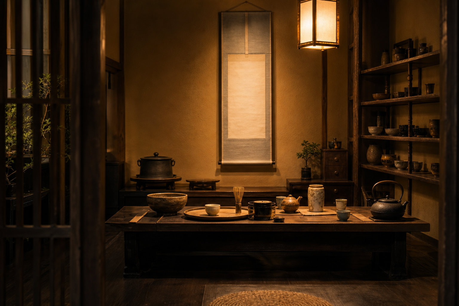 Warm interior of a traditional Japanese tea house