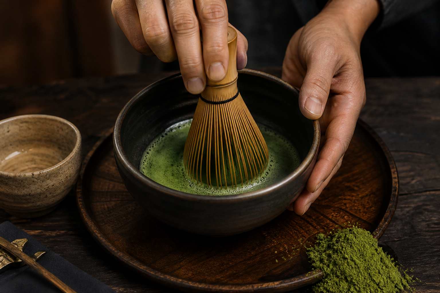 Artisan hands whisking matcha in a ceramic bowl