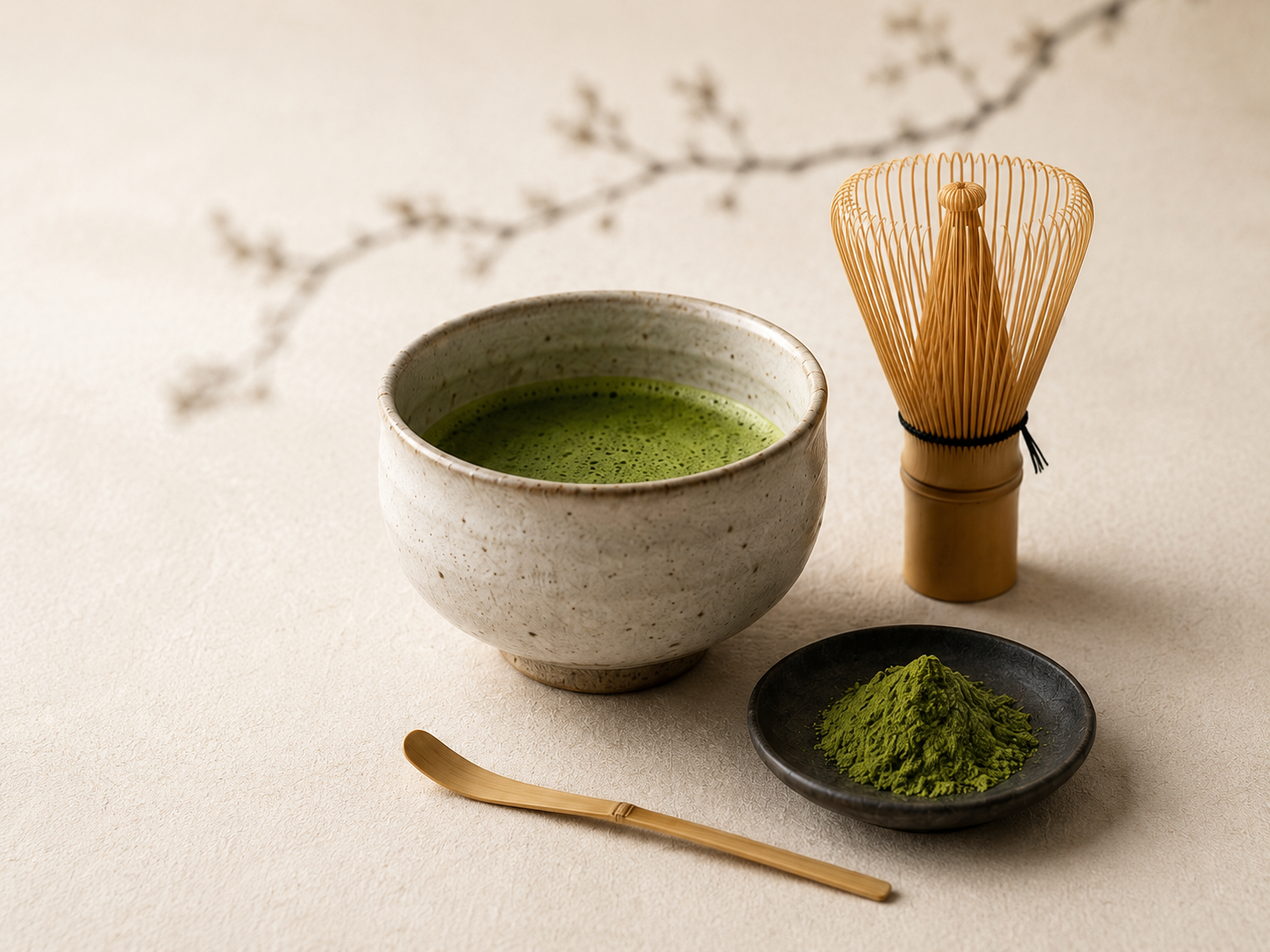 Matcha bowl, bamboo whisk, scoop, and matcha powder
